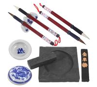 DOITOOL Kit Complet D'ensemble de Calligraphie 4 Pinceaux et Pierre à Encre, Matériaux en Bois et Céramique, Conçu pour Débutants et Usage Bureau ou Chambre Couleur Couleur Aléatoire