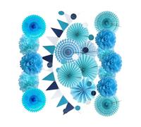 DOITOOL Kit de Décoration de Fête en Papier Bleu avec Éventails, Pompons et Guirlande à Pois, Matériel Réutilisable pour Anniversaire et Décoration Intérieure