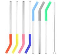 DOITOOL Lot de 7 Set de Pailles Réutilisables en Acier Inoxydable avec Manchons en Silicone Colorés et 1 Brosse de Nettoyage, Pailles Multi-usages pour Boissons, Fête et Café, Solide
