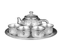 DOITOOL Service à Thé Chinois en Alliage de Zinc Fait Main, Théière 8 Cm Argentée 4 Tasses et Plateau, Coffret Élégant pour Maison, Restaurant et Réception, Motifs Traditionnels