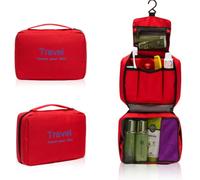 DOITOOL Trousse de Toilette Étanche Rouge Crochet Intégré et Multiples Compartiments, Organisateur de Voyage Multifonction en Polyester Oxford Solide pour Camping et Voyages