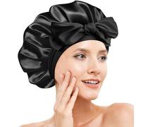 Doitory Bonnet de douche en satin de soie pour femme endormie, bonnet de douche double couche en soie, bonnet doublé de satin doux avec bande à nouer pour cheveux naturels et bouclés