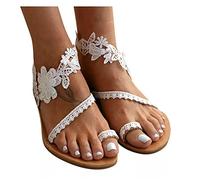 DOIX Chaussures Habillées D'été pour Femmes Bohême Casual Dentelle Fleurs Tongs de Mariage Plates Romain Sandales Confortables À Enfiler Chaussures de Plage en Plein Air,Blanc,US10/EU41