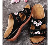 DOIX Chaussures Mules D'été Pantoufles Compensées À Bout Ouvert Sandales Brodées de Fleurs Faux Cuir pour Femmes Sandales À Plateforme Décontractées Chaussures de Plage,Noir,US8/EU39