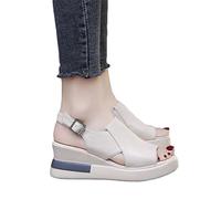 Espadrilles À Bride de Cheville Femmes Sandales À Plateforme Élégantes Sandales Compensées Sandales À Bouche de Poisson D'été Chaussures en Cuir Antidérapantes,Beige,US7/EU38