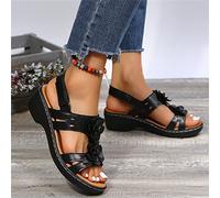 DOIX Sandales À Bouche de Poisson pour Femmes Sandale Compensée Fleurs Vintage D'été avec Bride À Cheville Sandales de Sport Chaussures de Marche Romaine Décontractées,Noir,US9/EU40