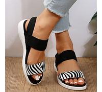 DOIX Sandales À Bouche de Poisson pour Femmes Sandales À Enfiler Plates À Imprimé Zèbre Sangle de Tricot Élastique Semelle Souple Sandales Chaussures de Marche D'été,Noir,US9/EU40