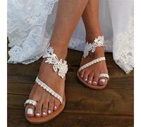 DOIX Sandales D'été Femmes Chaussures de Plage Plates À Fleurs en Dentelle de Style Bohème Tongs de Soirée de Mariage Romain Sandales Habillées Décontractées À Enfiler,Blanc,US6/EU37