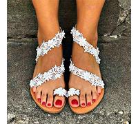 DOIX Sandales D'été pour Femmes Sandales Plates de Style Bohème Chaussures de Plage Perles Fleurs de Soirée de Mariage Tongs Décontractées À Bout Clip,Blanc,US10/EU41