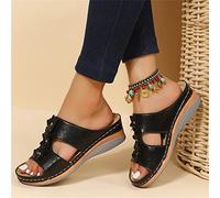 DOIX Sandales Orthopédiques À Plateforme pour Femmes Floral Compensée Mules Mocassins Sandales À Bouche de Poisson Chaussures Pantoufles de Plage en Plein Air Rétro,Noir,US4/EU35