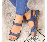 DOIX Sandales Orthopédiques Cuir Bout Ouvert Femmes Sandales Plates Similicuir D'été Soutien Plantaire Sandale Sport Confortable Chaussures Plage Marche Plein Air,Bleu,US5/EU36