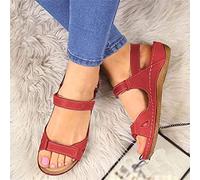 Sandales Orthopédiques Cuir Bout Ouvert Femmes Sandales Plates Similicuir D'été Soutien Plantaire Sandale Sport Confortable Chaussures Plage Marche Plein Air,Rouge,US6/EU37