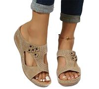 DOIX Sandales Orthopédiques pour Femmes Pantoufles À Fleurs en Cuir PU Mules À Enfiler Confortables À Compensés Chaussures de Marche Décontractées D'été À Bout Ouvert,Marron,US8/EU39