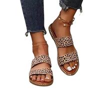 DOIX Sandales Plates À Deux Bandes pour Femmes Pantoufles D'été À Bout Ouvert Sandales À Imprimé Léopard Vintage Mules À Enfiler Chaussures de Plage Décontractées,Marron,US9/EU40