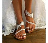 DOIX Sandales Romaines Femmes Sandales À Fleurs en Dentelle Bohème À Bout Anneau Plates Sandales de Soirée de Mariage de Plage D'été Chaussures de Marche Décontractées,Blanc,US7/EU38