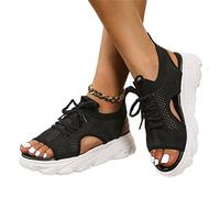 DOIX Sandales Sport en Maille À Semelle Épaisse pour Femmes Baskets Plateforme de Bouche de Poisson À Lacets Décontractée Chaussures de Marche Élastiques D'été Légères,Noir,US9/EU40