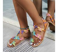 DOIX Tongs de Style Romain Sandales À Enfiler Plates de Couleur Papillon D'été pour Femmes Pantoufles À Bout Ouvert Anneau d'orteil Élégant Chaussures de Marche Bohême,Color,US12/EU43