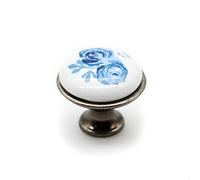 DOJA Barcelona | Lot de 4 boutons d'armoire vintage bleu rose | Ø 26,5 x 23 mm | Boutons de meubles anciens en porcelaine et laiton antique | Bouton de meuble vintage | Décorations de porte rustique |