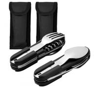 Dokeno 2 Pièces Vaisselle Pliante en Acier Inoxydable, Couverts de Camping Portable avec Sac Oxford, Couvert Multifonction Camping pour la Randonnée en Plein Air, Pique-Nique, Voyage