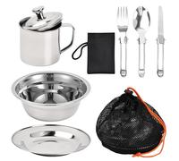 Dokeno 8pcs Set de Couverts Camping, Kit de Camping Vaisselle en Acier Inoxydable, Ustensiles de Camping avec Assiette Tasse Fourchette Cuillère Couteau Sac Portable pour Randonnée Pique-Nique Voyage