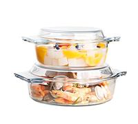 Dokeno Lot de 2 Cocotte en Verre, Casserole en Verre, 1L + 1.5L, Rond, Plats à Lasagnes avec Couvercle et Poignées, Micro-ondes, Passe au Four, Cocotte Transparente pour Cuisson