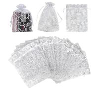 Dokeno Lot de 50 Sachets en Organza Blanc, 15 x 20 cm Sacs Organza Bijoux, Sac de Rangement Motif Bronzeen Maille, Sac Cordon en Organza, Sac Cadeau pour les Fêtes, les Mariages, Sachets de Lavande