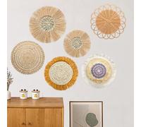 Dokeno Lot de 6 Suspendu Décor Mural De Rotin, Décors de Paniers Muraux Suspendus, Panier Mural Tissé, Panier tissé à la Main, Round Bohemian Macrame Mur pour Décoration Mural Maison Ferme Salon