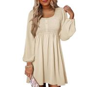 Dokotoo Robe Femme Chic et Elegant Robe en Lin Printemps Ete Mi Longue Fluide Robes à Manches Longues et Col Rond Taille Empire à Smocks Boheme Vacances Plage, Abricot, M