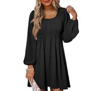 Dokotoo Robe Femme Chic et Elegant Robe en Lin Printemps Ete Mi Longue Fluide Robes à Manches Longues et Col Rond Taille Empire à Smocks Boheme Vacances Plage, Noir, M