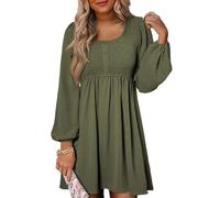 Dokotoo Robe Femme Chic et Elegant Robe en Lin Printemps Ete Mi Longue Fluide Robes à Manches Longues et Col Rond Taille Empire à Smocks Boheme Vacances Plage, Vert, L