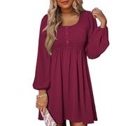 Dokotoo Robe Femme Chic et Elegant Robe Printemps Ete Mi Longue Fluide Robes à Manches Longues et Col Rond Taille Empire à Smocks Boheme Vacances Plage, Rose, L