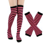DOKRIN Chaussettes montantes femme Une paire de chaussettes montantes rayées en maille et une paire de gants, parfaites pour les fêtes, les carnavals, le cosplay et Noël.