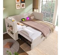 Dolamaní Canapé-lit 90/180 x 190 cm avec fonction sommeil, lit rembourré, coffre de lit, lit gigogne de même hauteur avec USB, lin (beige)