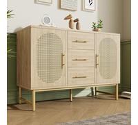 Dolamaní Commode en rotin avec 3 tiroirs et 2 portes en rotin pour chambre à coucher et salon, étagères réglables, protection anti-basculement, 120 x 40 x 74 cm, chêne Sonoma