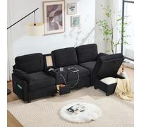 Dolamaní Cordo Canapé 3 places avec console centrale amovible (2 porte-gobelets + espace de rangement), port USB-C, tiroir de rangement, ottoman de rangement mobile, 266 x 136 x 82 cm (noir)