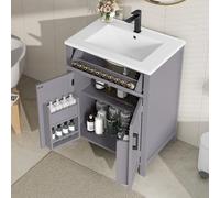 Dolamaní Ensemble de meubles de salle de bain, 60 x 46 x 84,8 cm, vasque avec meuble bas, 2 portes et étagères réglables, tiroirs pratiques, lavabo en céramique, gris