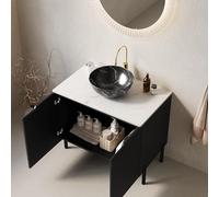 Dolamaní Lavabo autoportant avec meuble bas de 76 cm, lavabo ovale en céramique à rayures noires, plan de travail blanc, armoire à rayures avec double portes, noir (B)