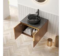 Dolamaní Lavabo avec meuble bas de 61 cm, meuble suspendu en verre noir transparent rond et plan de travail, armoire en contreplaqué avec 2 portes, grain de bois expresso (61 cm C)