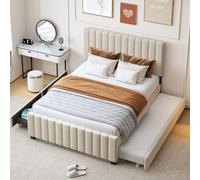 Dolamaní Lit capitonné, 140 x 190 cm, lit simple, avec surface de couchage extensible, en tissu velours, pour adolescent, gigogne, sans matelas (beige)