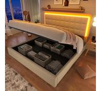 Dolamaní Lit capitonné 160 x 200 cm avec sommier à lattes et espace de rangement, lit double, cadre de lit, lit de rangement, lit fonctionnel, matière PU, blanc (sans matelas, 160 x 200 cm)