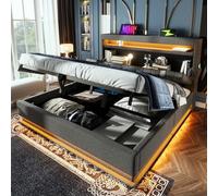 Dolamaní Lit capitonné 160 x 200 cm en lin avec espace de rangement hydraulique, lit double, tête de lit avec USB, éclairage LED sur la tête et le pied du lit, sans matelas (gris)