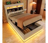 Dolamaní Lit capitonné, 90 x 200 cm, en lin, avec espace de rangement hydraulique, tête de lit simple, tête de lit avec USB, éclairage LED sur la tête et le pied du lit, sans matelas (beige)