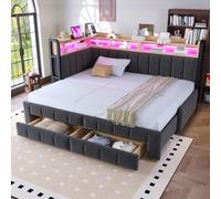 Dolamaní Lit capitonné, canapé-lit, 90/180 × 200 cm, gris foncé, avec partie de lit extensible et 2 tiroirs, éclairage LED, étagère et compartiments de rangement, tissu velours, sans matelas