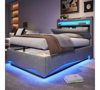 Dolamaní Lit capitonné pour lit simple, 90 x 200 cm, avec éclairage LED, mécanisme hydraulique, ports USB et de type C, tête de lit rembourrée avec étagères, tissu lin, sans matelas (gris)