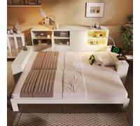 Dolamaní Lit de jour avec lit gigogne de même hauteur 90/180 x 200 cm, lit en bois avec espace de rangement, lit fonctionnel avec ports USB/USB-C, lit simple/double, sans matelas (blanc A)