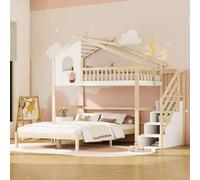 Dolamaní Lit de maison pour enfant, 90 x 200 cm, 140 x 200 cm, lit d'appoint, lit superposé, 3 personnes, lit mezzanine, avec protection anti-chute et espace de rangement, escalier, blanc + naturel