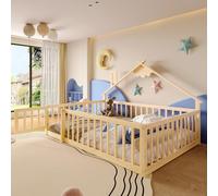 Dolamaní Lit de sol, 140 x 190 cm, avec protection anti-chute et porte avec serrure, cadre de lit pour enfant, en bois de pin avec sommier à lattes, sans matelas (naturel)