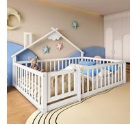 Dolamaní Lit de sol, 140 x 190 cm, avec protection anti-chute et porte avec serrure, cadre de lit pour enfant, en bois de pin avec sommier à lattes, sans matelas (blanc)