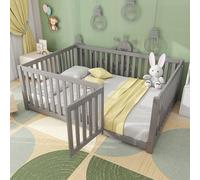 Dolamaní Lit de sol, 140 x 200 cm, blanc, avec protection anti-chute et porte, lit Montessori, lit à barreaux, lit double en bois, gris