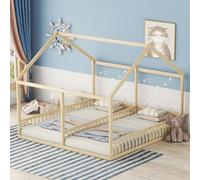 Dolamaní Lit de sol, 180 x 200 cm, pour 2 enfants, avec protection anti-chute, 90 x 200 cm, lit simple 2 en 1, lit de maison, en bois, pour frères et sœurs, lit d'enfant, profondeur au sol (naturel)